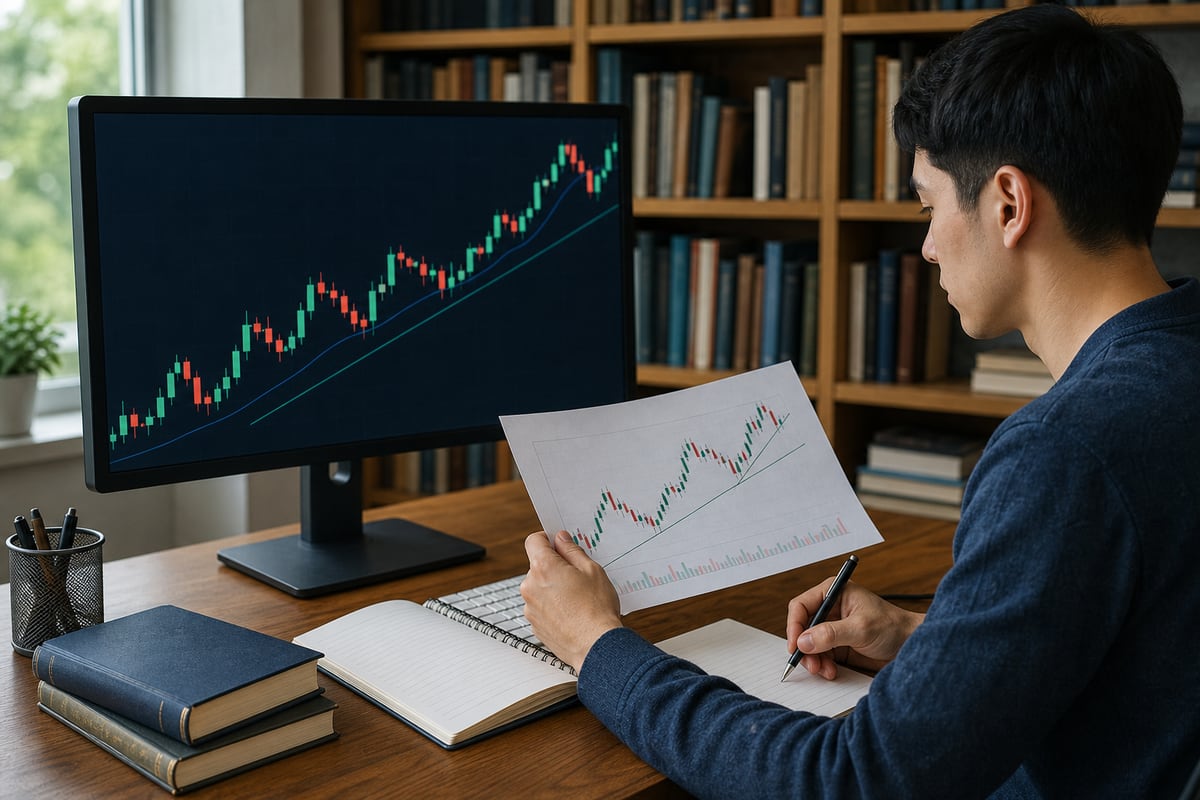 Learner studying an unlabeled candlestick chart and handwritten observations
