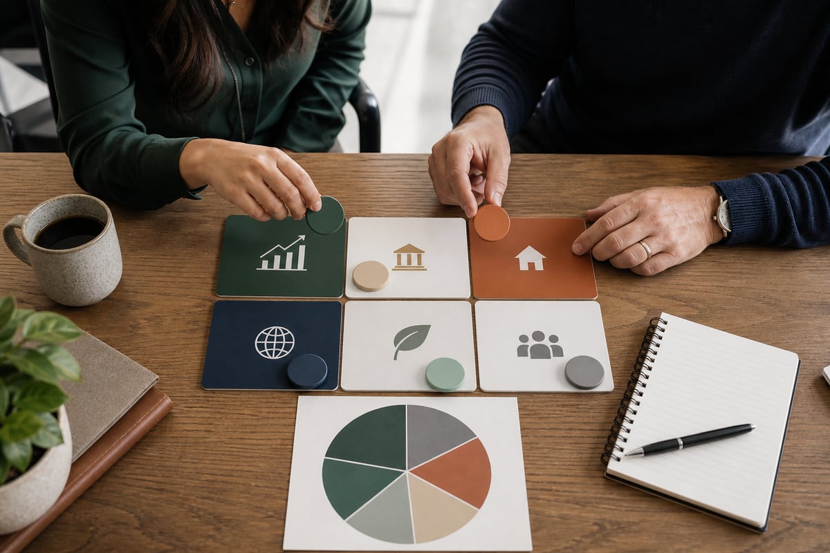 Two learners reviewing a diversified portfolio map with category tiles and charts