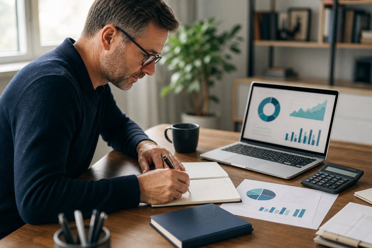 Learner drafting an investment policy statement at a desk with a notebook and charts