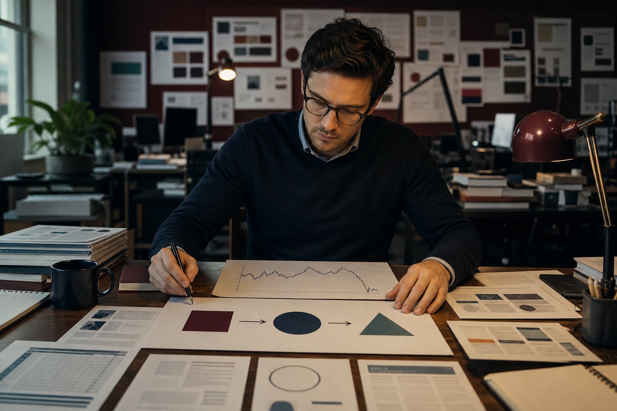 Editorial research desk with multiple source pages, notes and a market reaction chart