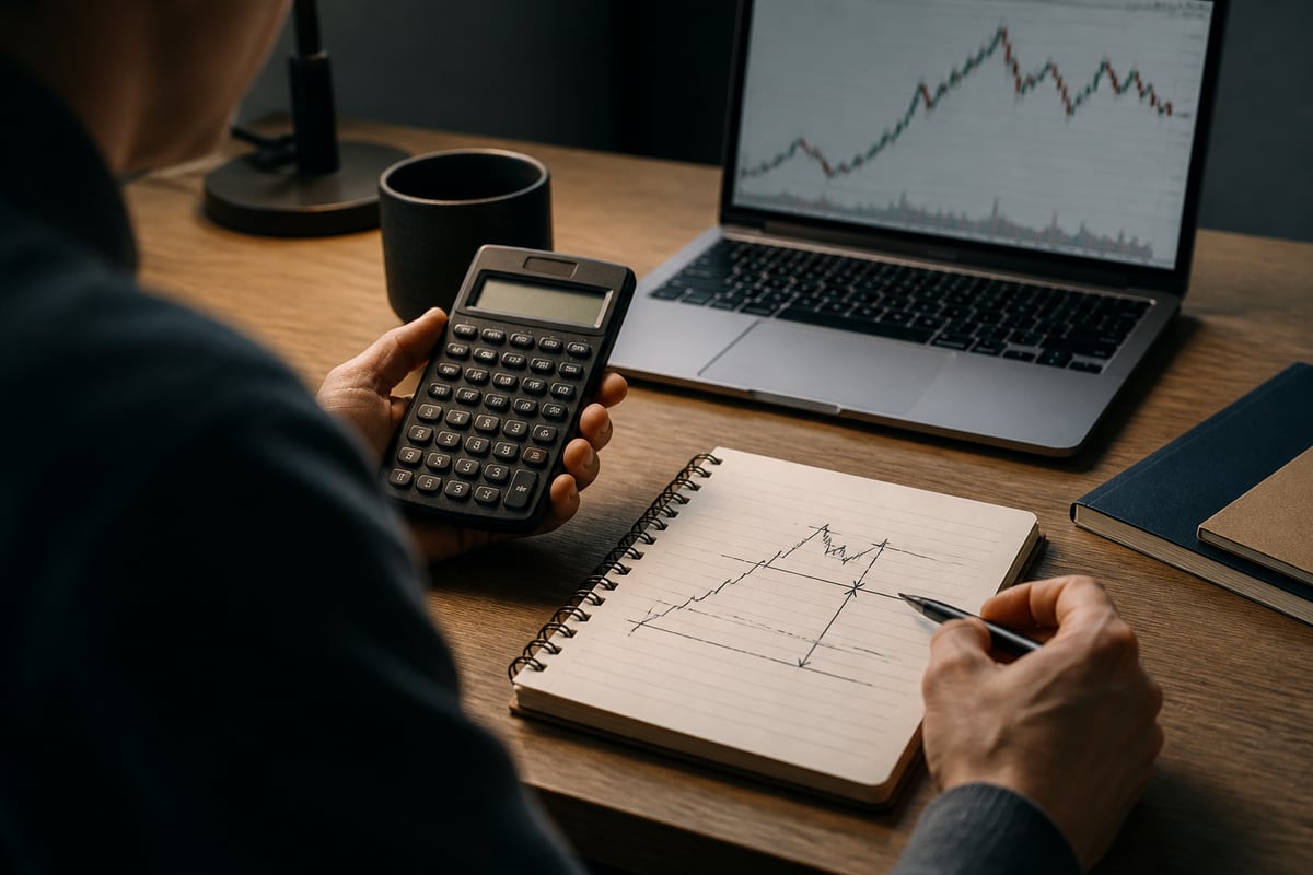 Analyst comparing a risk diagram and position-size calculation at a desk